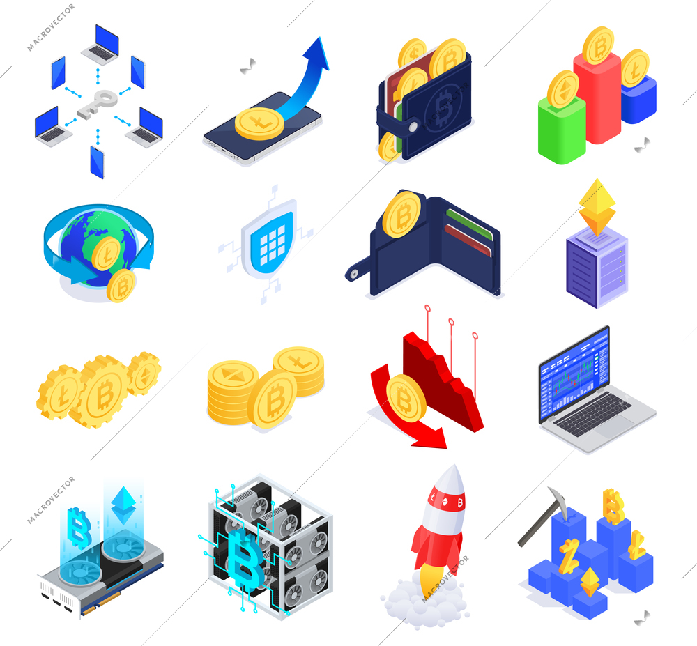 Cryptocurrency blockchain isometric icons set with mining farm electronic wallet coins price fall and rise isolated on white background 3d vector illustration