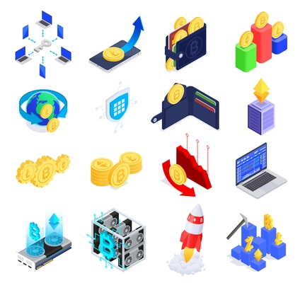 Cryptocurrency blockchain isometric icons set with mining farm electronic wallet coins price fall and rise isolated on white background 3d vector illustration