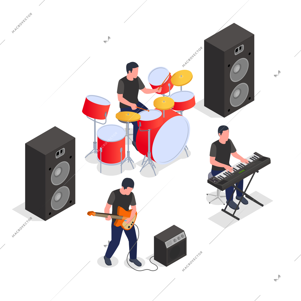 Musical band giving concert playing musical instruments 3d isometric vector illustration