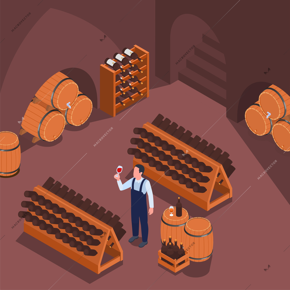 Man in uniform tasting red wine in cellar with wooden barrels and shelves isometric composition 3d vector illustration