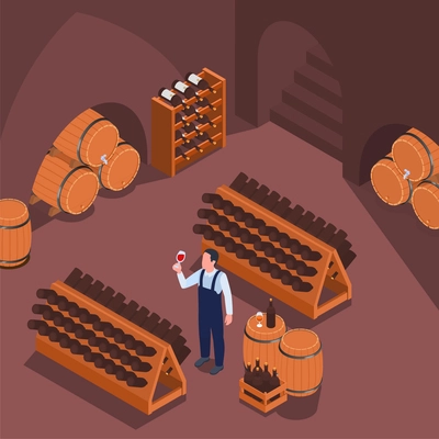 Man in uniform tasting red wine in cellar with wooden barrels and shelves isometric composition 3d vector illustration