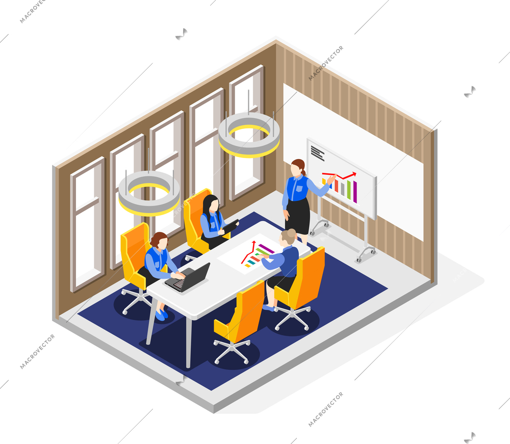 Business lady isometric composition with view of office interior with female coworkers and presentation with statistics vector illustration