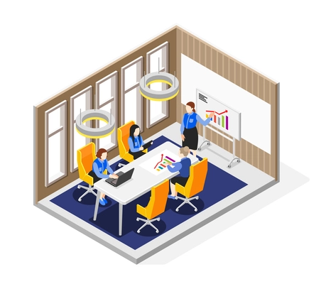 Business lady isometric composition with view of office interior with female coworkers and presentation with statistics vector illustration