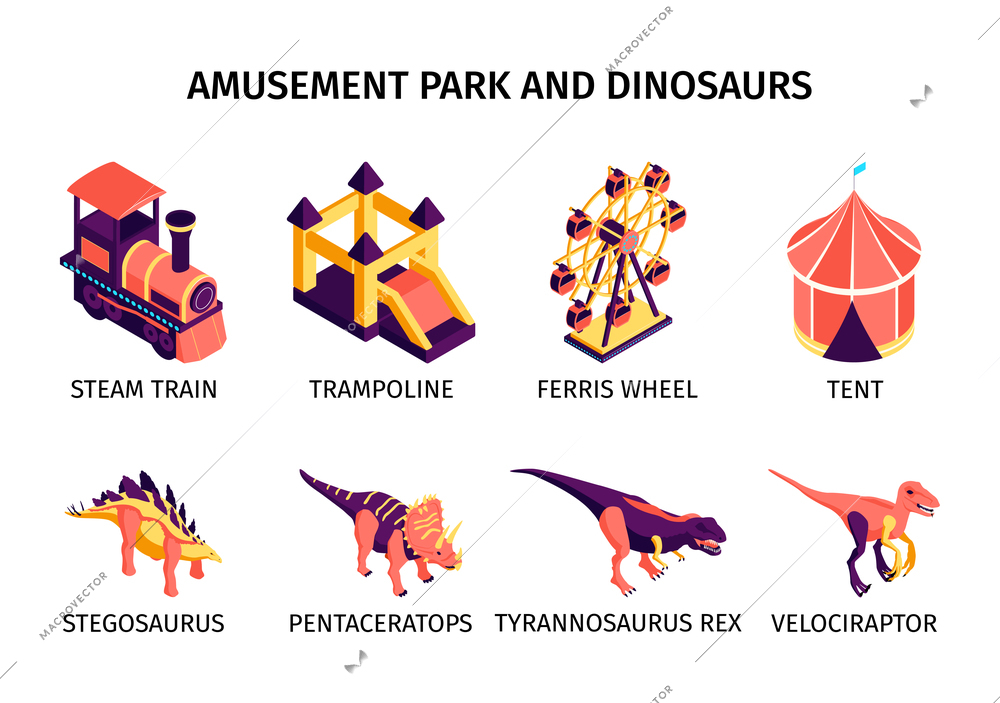 Amusement park compositions set with dinosaurs and steam train isometric isolated vector illustration