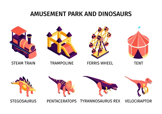 Amusement park compositions set with dinosaurs and steam train isometric isolated vector illustration