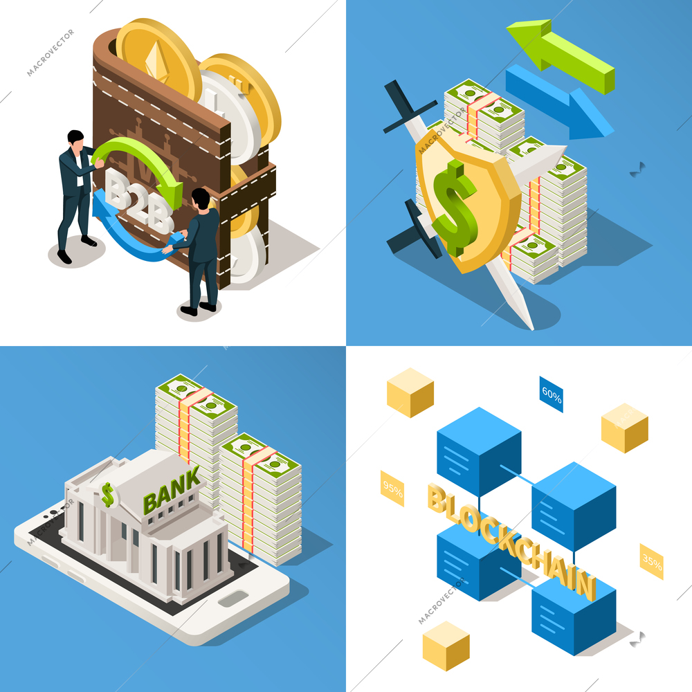 Fintech isometric 2x2 set of square compositions with b2b wallet cash under protection and blockchain cubes vector illustration