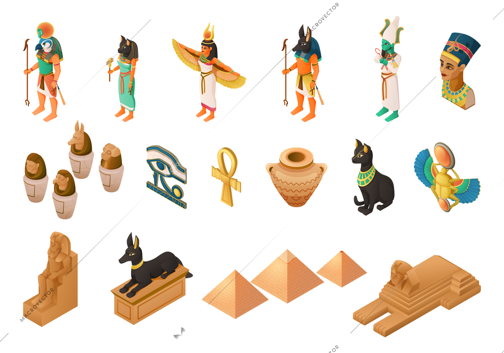 Egyptian mythology isometric set of gods nefertiti eye of horus anubis dog tomb ankh coptic cross isolated vector illustration