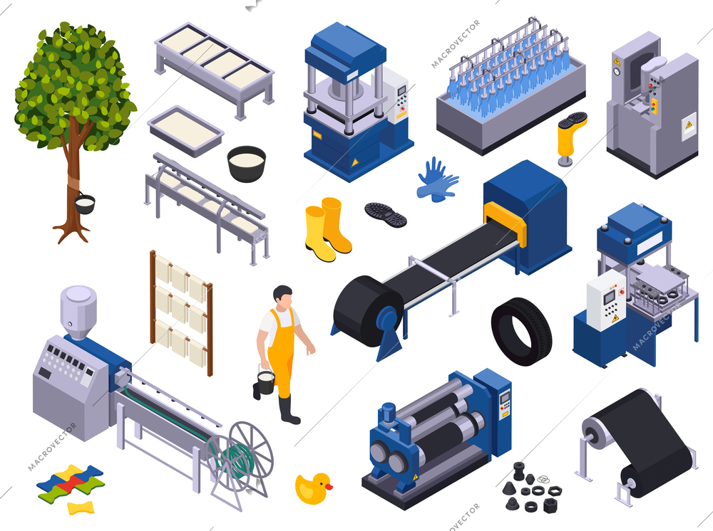 Rubber production isometric set with isolated icons of manufacture worker goods and supplies with industrial machinery vector illustration
