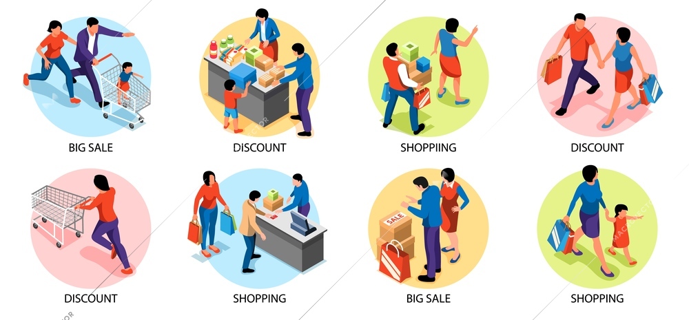 Set of isolated isometric family shopping round compositions with text captions and characters of family members vector illustration