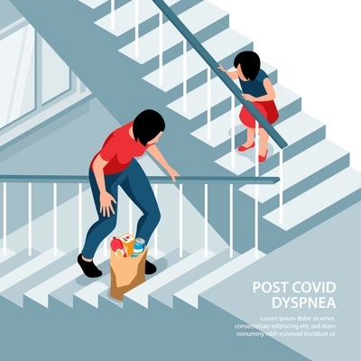 Isometric post covid syndrome square composition with staircase scenery and walking ill woman with editable text vector illustration