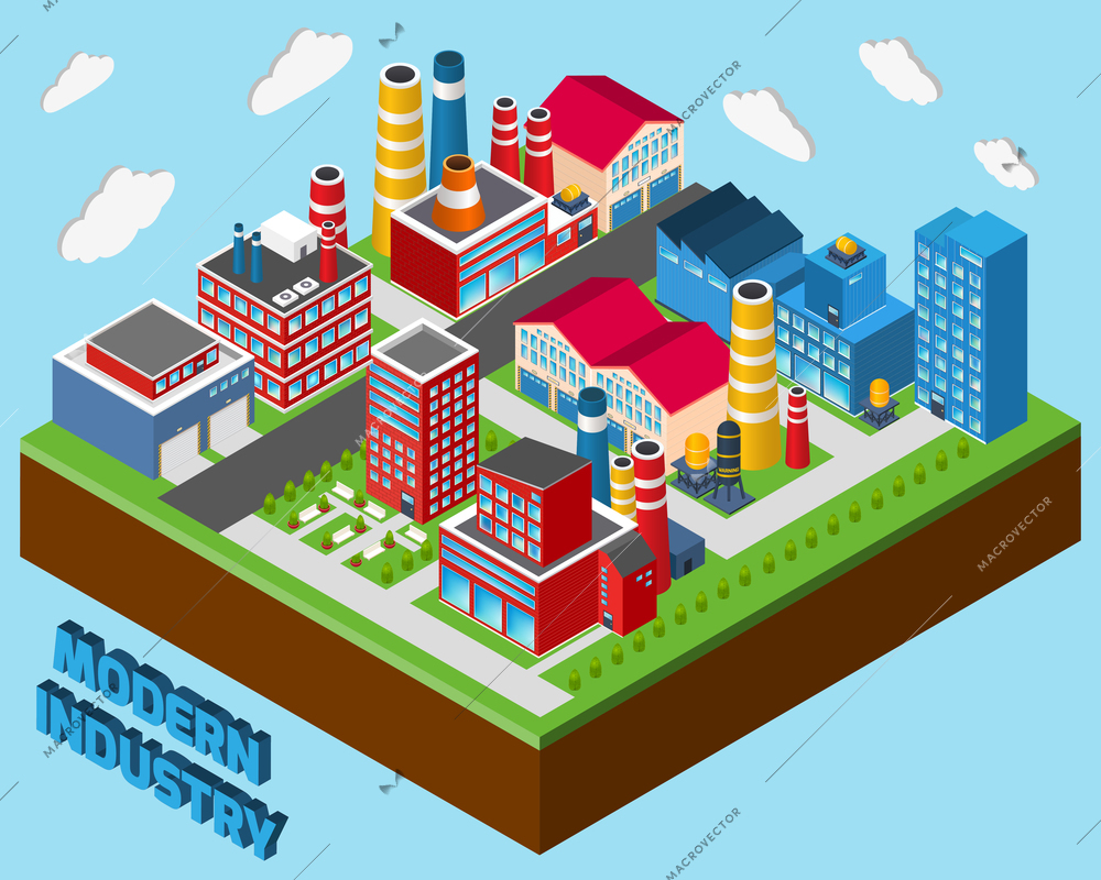 Industrial buildings isometric set modern industry city concept 3d vector illustration