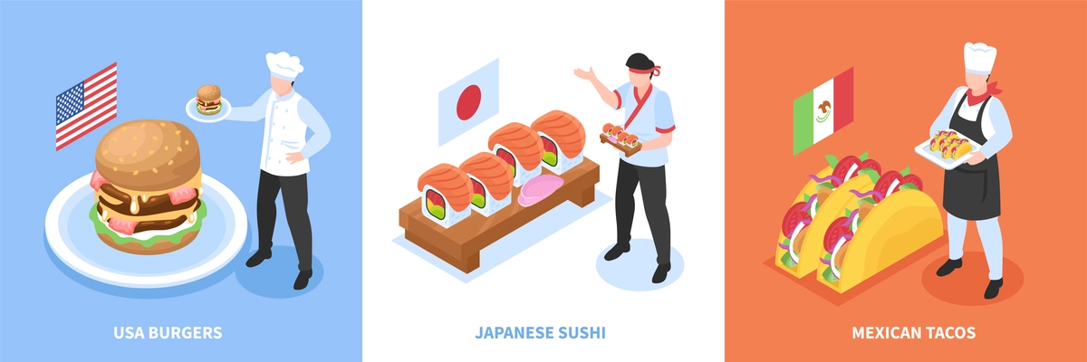 World cuisine three square compositions with usa burger japanese sushi mexican tacos isometric vector illustration