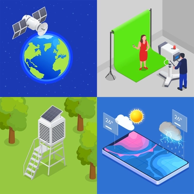 Meteorology 2x2 isometric set with tv and online weather forecast meteorological station satellite isolated 3d vector illustration