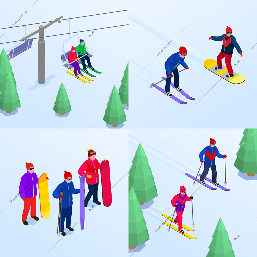 Winter sports 2x2 set with people skiing and snowboarding on mountain ski resort 3d isolated vector illustration