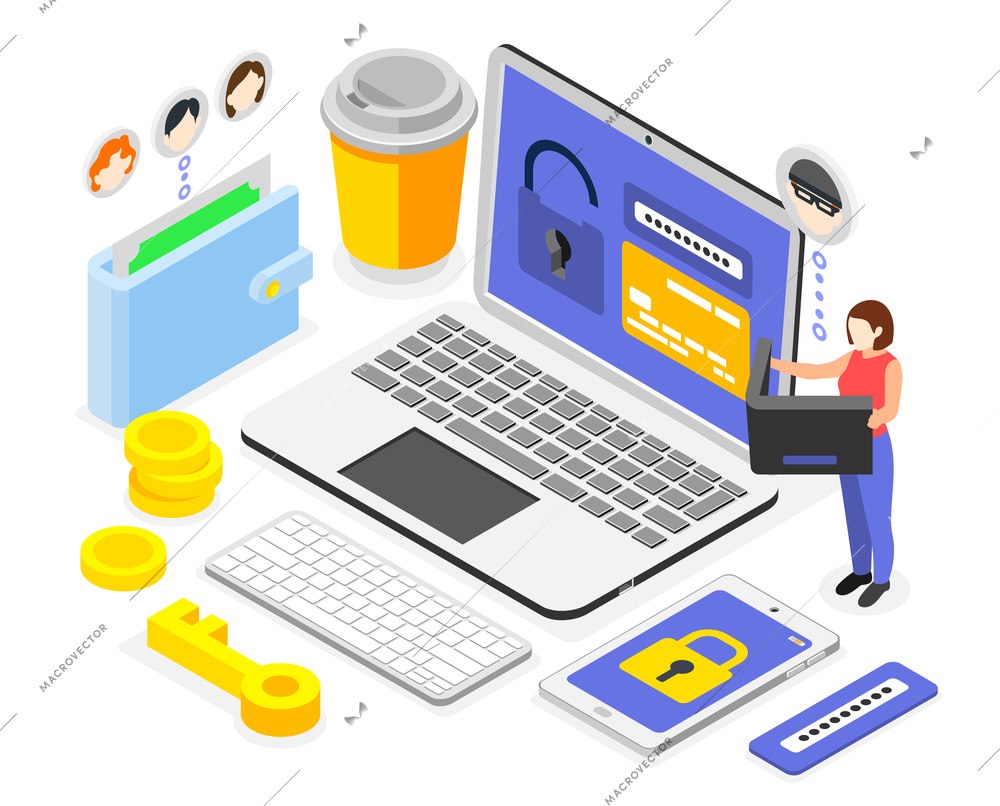 Banks scammers isometric composition with small human characters and icons of laptop gadgets money and wallet vector illustration