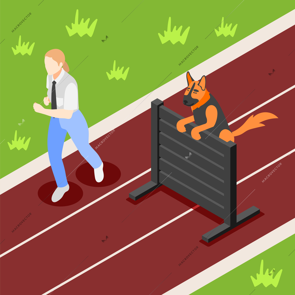 Dog school isometric background with outdoor scenery of running track and jogging trainer with jumping dog vector illustration