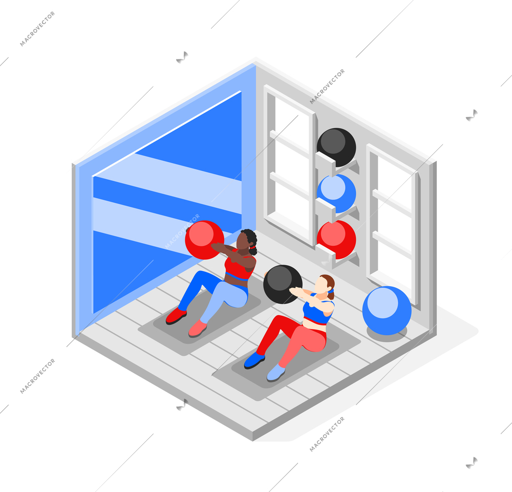 Fitness ball workout isometric composition with view of gym room and two girls practicing with balls vector illustration