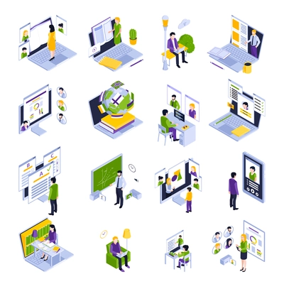 Online education and distance learning isometric set of icons with people studying on computers teachers recording their lectures isolated 3d vector illustration