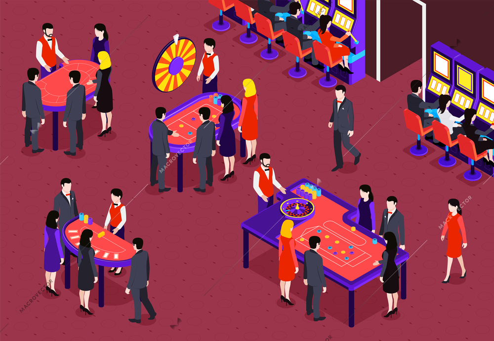Casino interior with people playing gambling games on tables and slot machines 3d isometric vector illustration