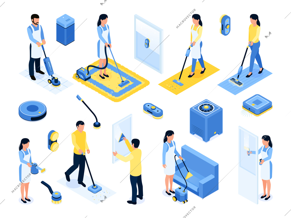 People hoovering and mopping different floorings carpets furniture washing windows and glasses with various cleaning gadgets isometric set isolated vector illustration