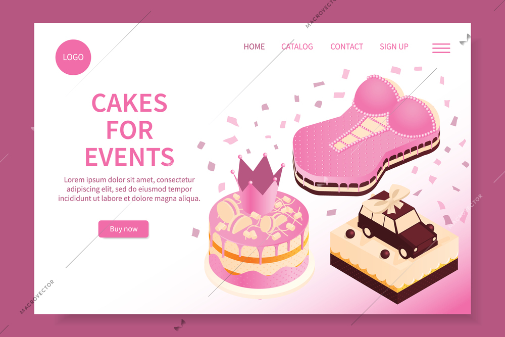 Cakes events isometric web site landing page with clickable links buy now button and sweets images vector illustration