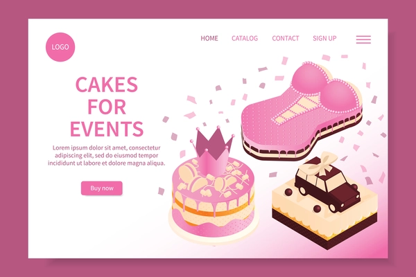 Cakes events isometric web site landing page with clickable links buy now button and sweets images vector illustration