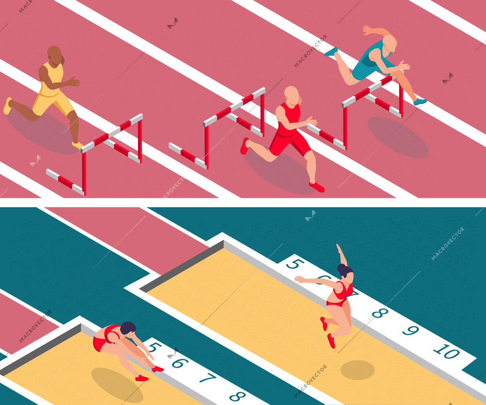Sportsman athletics set of horizontal banners with isometric views of athletes jumping sandpit and running barriers vector illustration