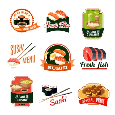 Asian food sushi bar japanese cuisine fresh fish labels set isolated vector illustration