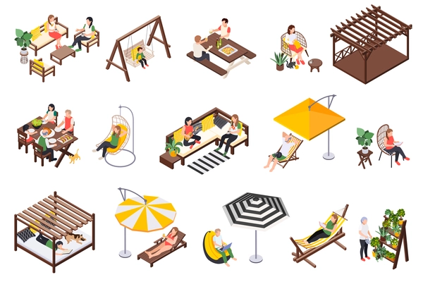 Garden furniture isometric set with isolated compositions of people chilling on soft furniture with summerhouse umbrellas vector illustration