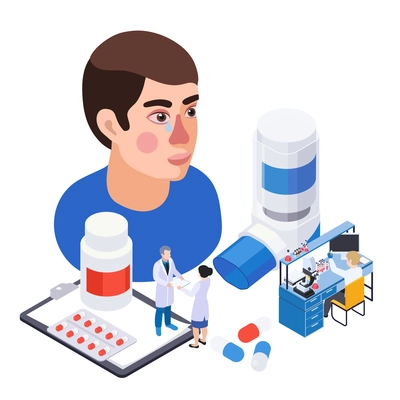 Allergy symptoms treatment isometric composition with boy got dripping eyes with inhaler and pills with doctors vector illustration