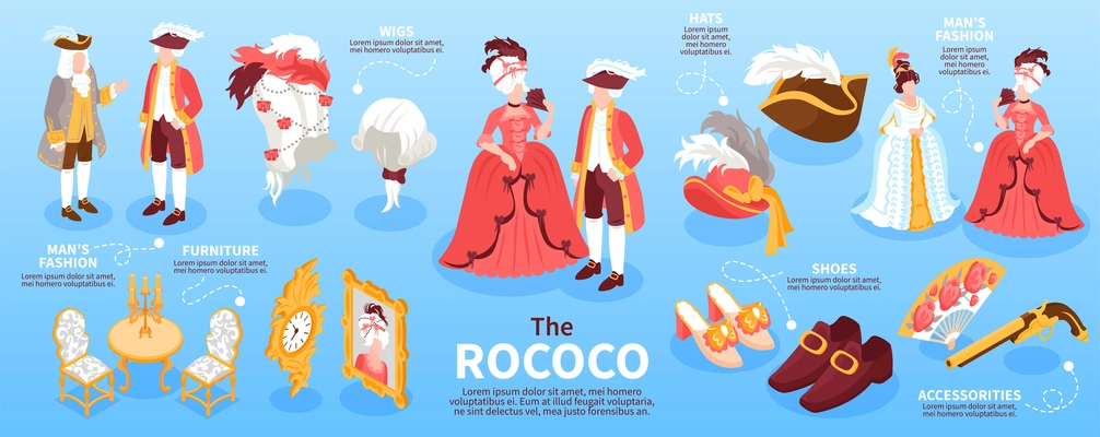 Rococo isometric infographics layout representing elements of clothes worn by elite society of 18th century  vector illustration