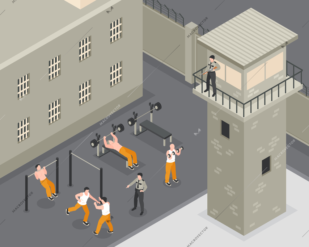 Prison isometric background with warden watching sports activity of convicts in courtyard of prison vector illustration