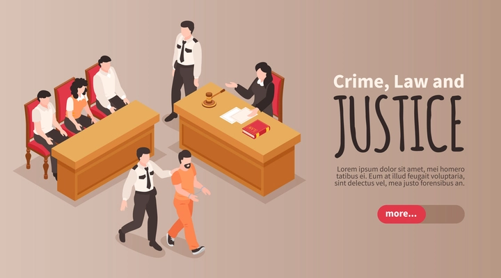 Crime law and justice horizontal banner with judge jury trial guard accompanying the defendant at court hearing isometric vector illustration