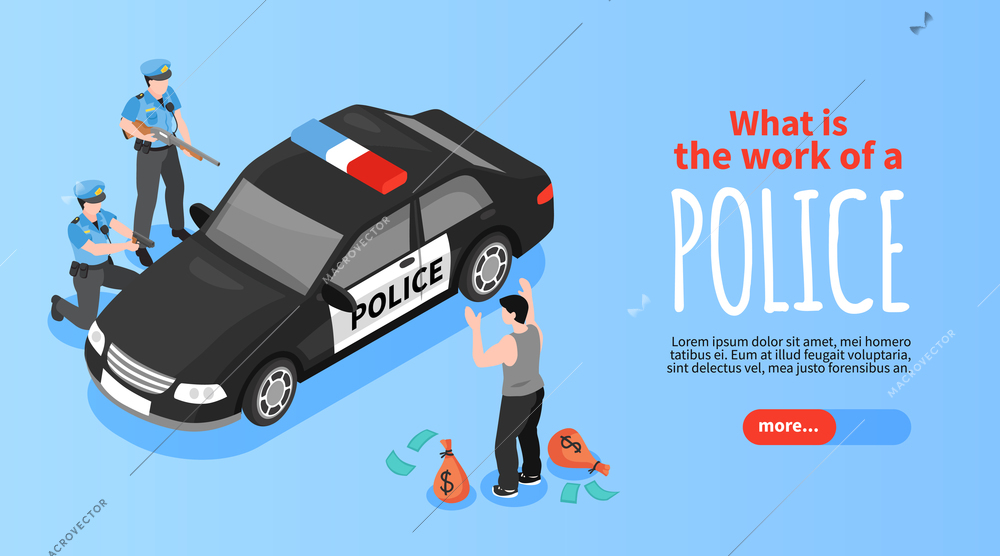 Police work horizontal banner with bank robber and team of officers near patrol car with flasher isometric vector illustration