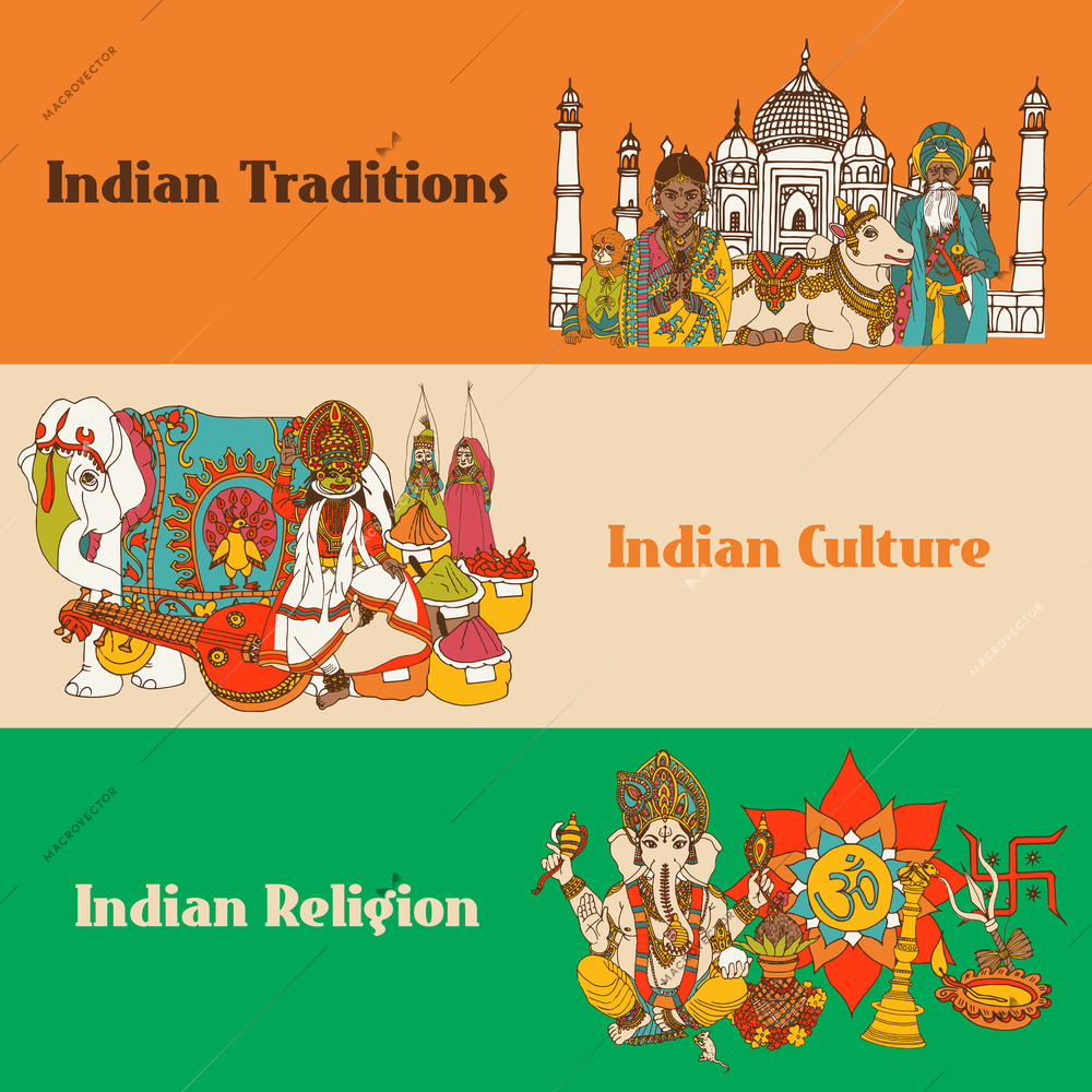 India colored sketch banners set with traditions culture religion isolated vector illustration