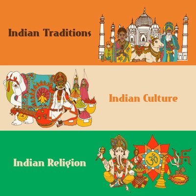 India colored sketch banners set with traditions culture religion isolated vector illustration