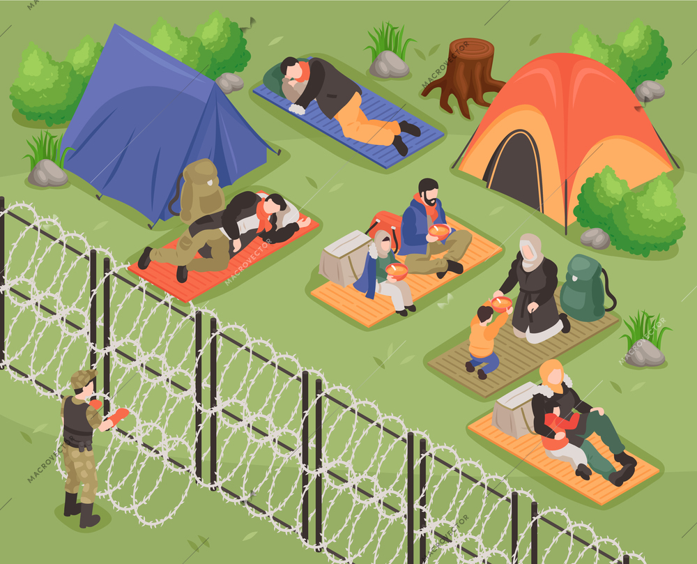 Refugees isometric background with people living in immigration camp fenced with barbed wire vector illustration