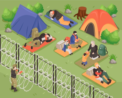 Refugees isometric background with people living in immigration camp fenced with barbed wire vector illustration