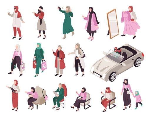 Muslim female people isometric set of modern women wearing trendy casual clothes and hijab isolated vector illustration