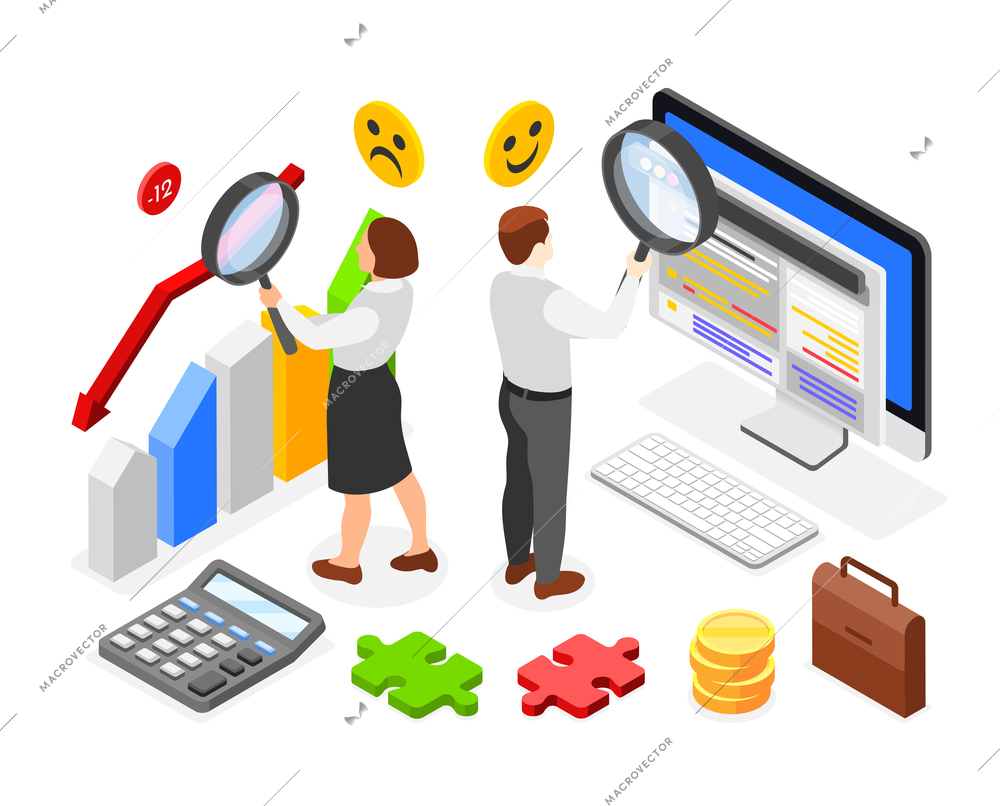 Soft skills isometric composition with two characters holding magnifiers and 3d business symbols vector illustration