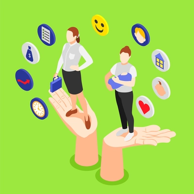 Work life balance isometric concept with two hands holding businesswoman and mum with baby on green background 3d vector illustration