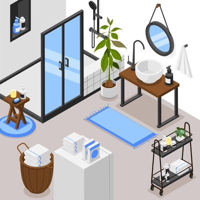 Modern bathroom interior with shower unit glass doors washbasin washing machine rack with towels cosmetics rugs isometric background 3d vector illustration