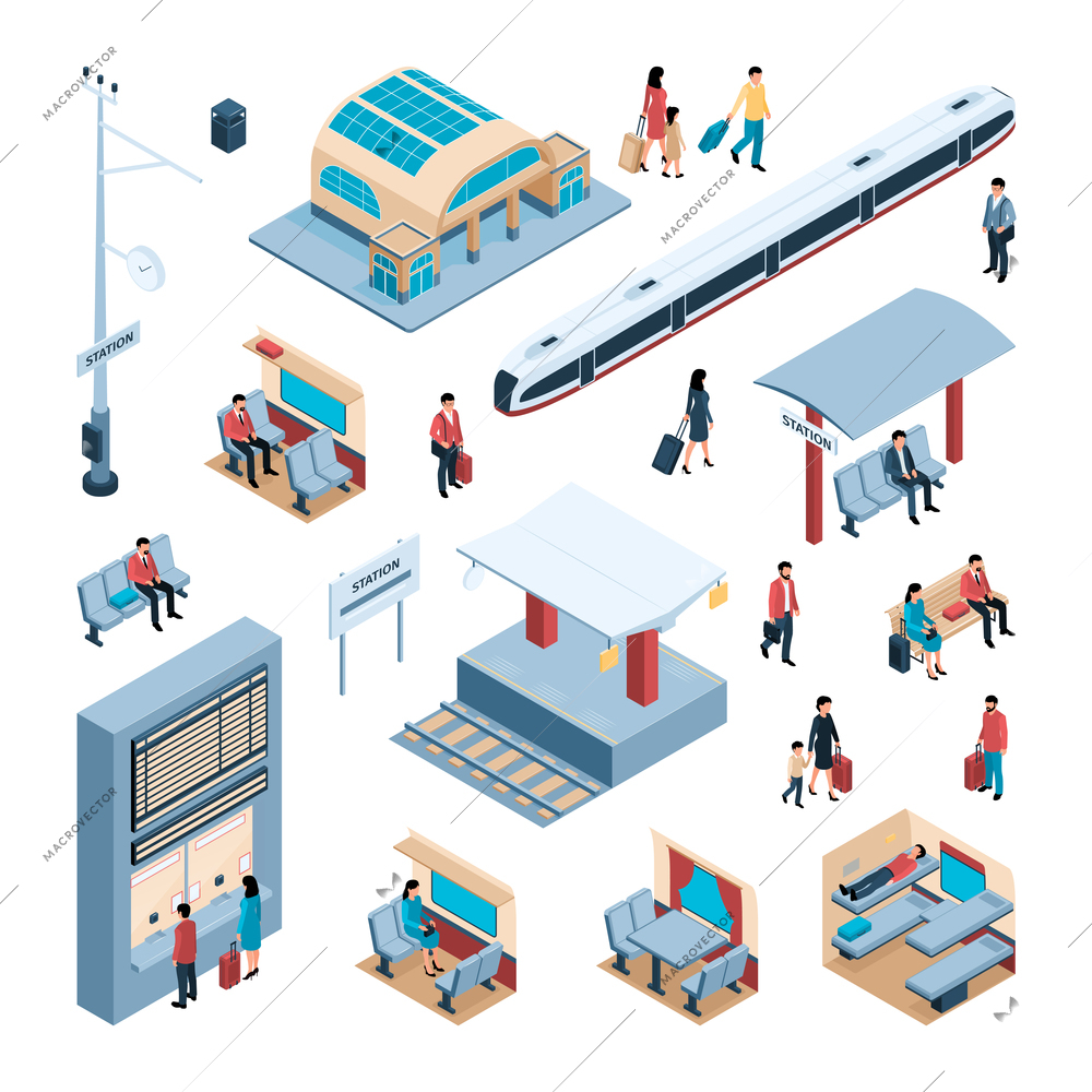 Railway isometric  icons set of station building schedule board modern high speed train isolated icons 3d vector illustration