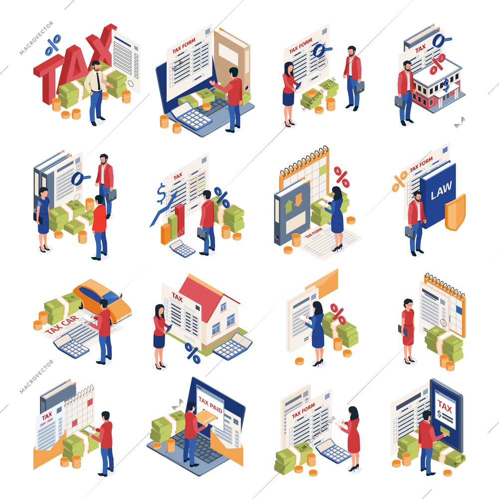 Tax accounting isometric icons set of man and woman little characters paying taxes on transport business real estate isolated vector illustration