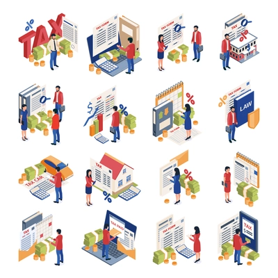 Tax accounting isometric icons set of man and woman little characters paying taxes on transport business real estate isolated vector illustration