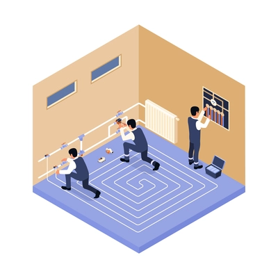 Home repair isometric vector illustration with three men in uniform  installing thermal water floor construction with plastic tube