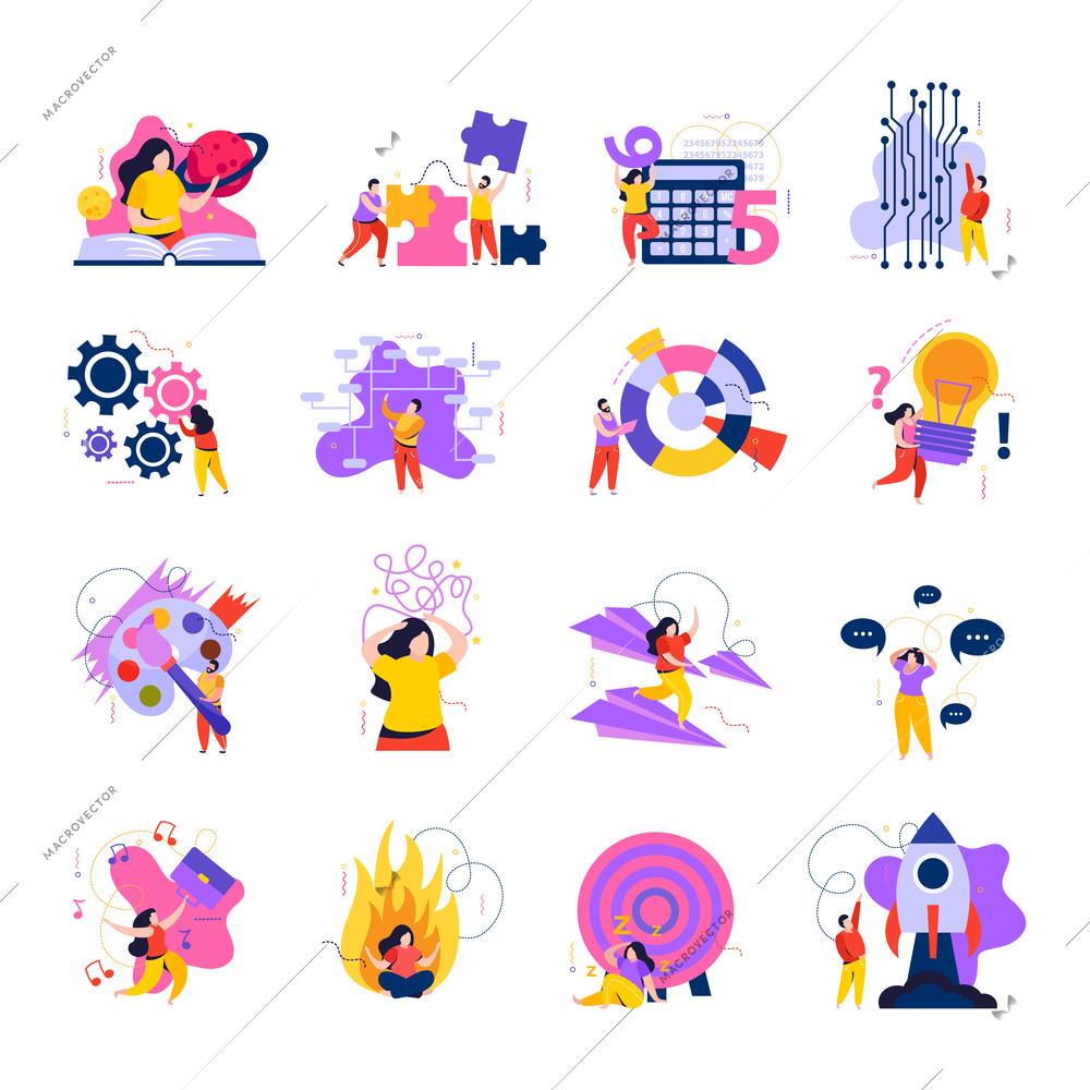 Mind behavior flat colored icon set different types of human behavior during the period of making important decisions rest and learning new information vector illustration