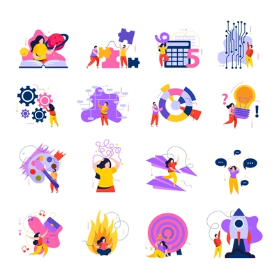 Mind behavior flat colored icon set different types of human behavior during the period of making important decisions rest and learning new information vector illustration