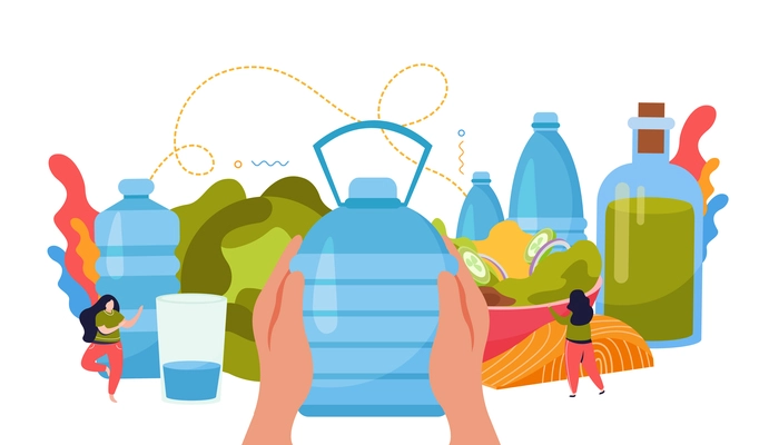 Drink water flat and colored composition large bottle of water in hand and healthy food around vector illustration