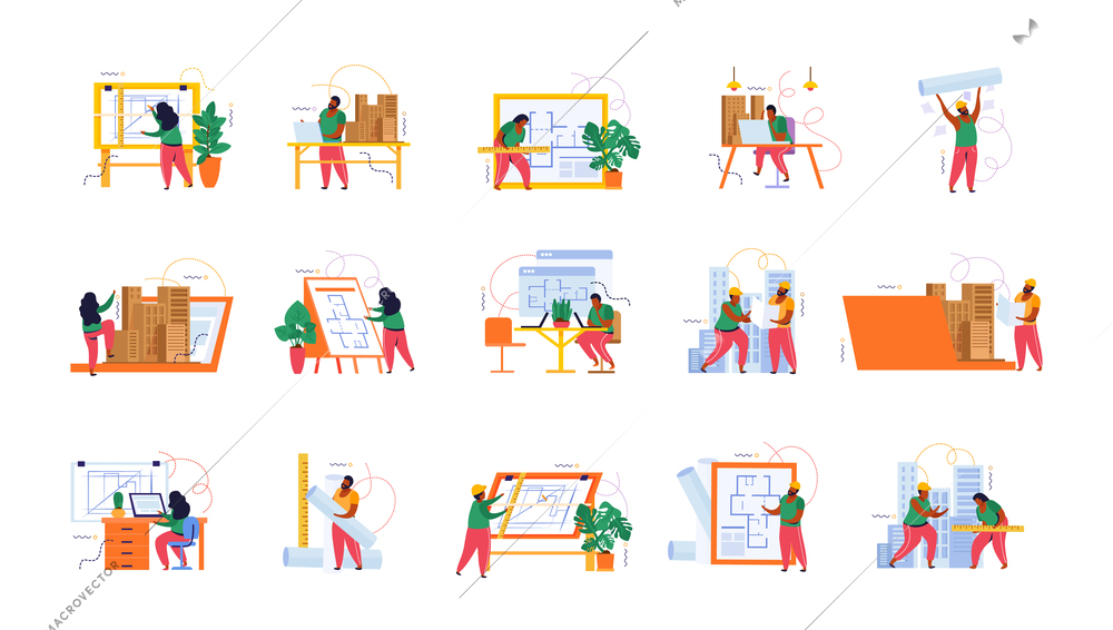 Architect flat icon set women and men at their desks drawing and thinking about work projects vector illustration